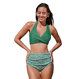 Women's Cupshe 2 pc Ditsy Halterneck Swim Top & Ruched High-Waist Bikini Swim Bottoms Set