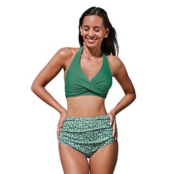 Women's Cupshe 2 pc Ditsy Halterneck Swim Top & Ruched High-Waist Bikini Swim Bottoms Set