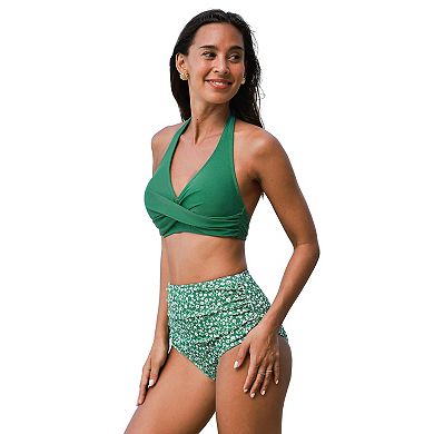 Women's Cupshe 2-Piece Ditsy Halterneck Swim Top & Ruched High-Waist Bikini Swim Bottoms Set