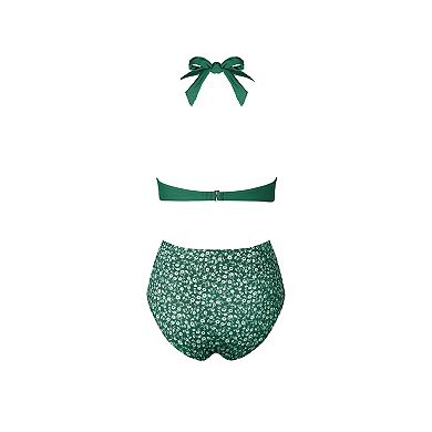 Women's Cupshe 2-Piece Ditsy Halterneck Swim Top & Ruched High-Waist Bikini Swim Bottoms Set