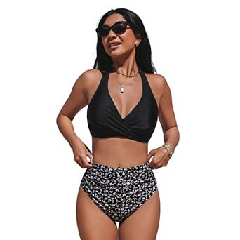Women's Cupshe 2 pc V-Neck Halter Front Twist Swim Top & Bikini Swim Bottoms Set
