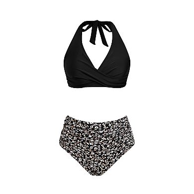 Women's Cupshe 2-Piece V-Neck Halter Front Twist Swim Top & Bikini Swim Bottoms Set