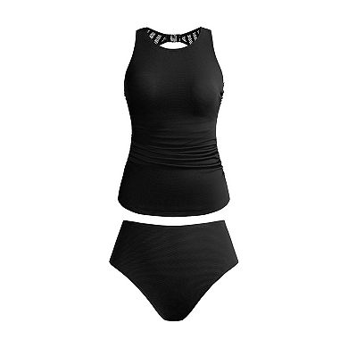 Women's Cupshe 2-Piece High Neck Mesh Cutout Back Hook Tankini Swim Top & Swim Bottoms Set