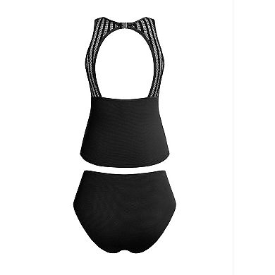 Women's Cupshe 2-Piece High Neck Mesh Cutout Back Hook Tankini Swim Top & Swim Bottoms Set