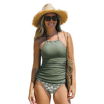 Women's Cupshe High Neck Halter Tankini Top & Mid-Rise Bottoms Swim Set