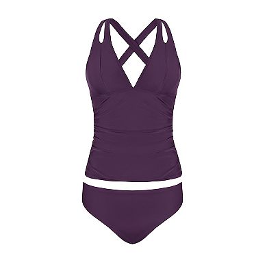 Women's Cupshe 2-Piece V-Neck Crisscross Cutout Tankini Swim Top & Swim Bottoms Set
