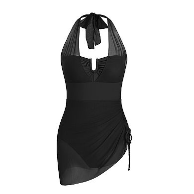 Women's Cupshe U Wire Neck Halter Asymmetrical Drawstring Mesh Swim Dress
