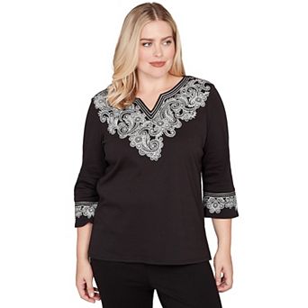 Petite Alfred Dunner Embroidered Scroll Accent Soft Knit Top