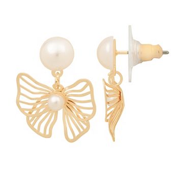 LC Lauren Conrad Gold-Tone Simulated Pearl Filigree Bow Drop Earrings