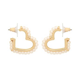 LC Lauren Conrad Gold Tone Simulated Pearl Heart Hoop Earrings