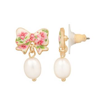 LC Lauren Conrad Gold-Tone Antique Flower Print Bow & Simulated Pearl Drop Earrings