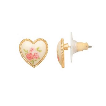 LC Lauren Conrad Gold Tone Antique Flower Print Heart Stud Earrings