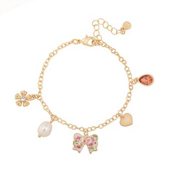 LC Lauren Conrad Gold-Tone Heart & Antique Flower Print Bow Charm Bracelet