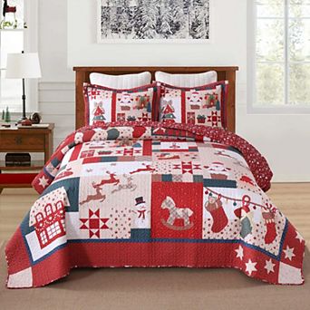 Marcielo 2/3 pc Vintage Christmas Patchwork Quilt Set Reversible Holiday Bedspread