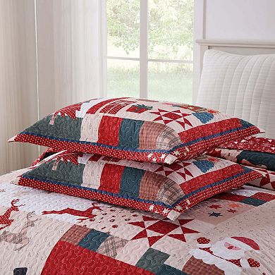 Marcielo 2/3 PCS Vintage Christmas Patchwork Quilt Set Reversible Holiday Bedspread