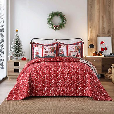 Marcielo 2/3 PCS Vintage Christmas Patchwork Quilt Set Reversible Holiday Bedspread