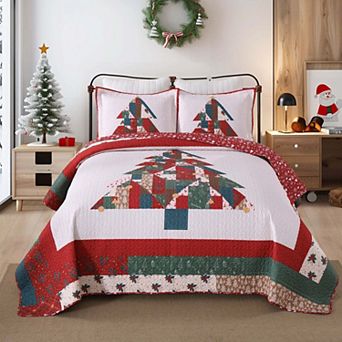 Marcielo 3 pc Patchwork Christmas Tree Quilt Set Reversible Holiday Quilt Bedspread