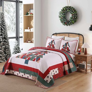 Marcielo 3 Pcs Patchwork Christmas Tree Quilt Set Reversible Holiday Quilt Bedspread