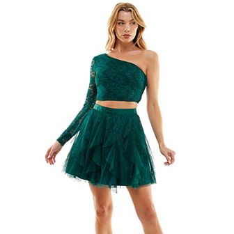 Juniors' As U Wish Glitter Lace 2 pc One-Shoulder Top & Skirt Set