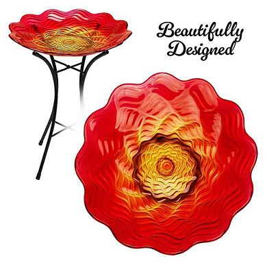 G128 19 Inch Height Glass Red Bird Baths Bird Feeder with Metal Stand