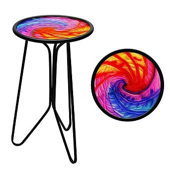 G128 12 in Round Glass Outdoor Side Table Mix Color Pattern, Decorative Plant Stand, Small End Table