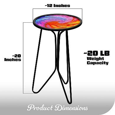 G128 12 in Round Glass Outdoor Side Table Mix Color Pattern, Decorative Plant Stand, Small End Table