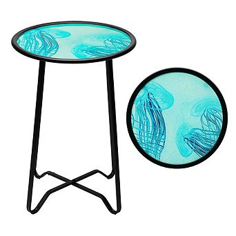 G128 14 in Round Glass Outdoor Side Table Jellyfish Ocean Pattern, Plant Stand, Small End Table