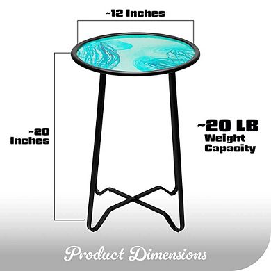 G128 14 in Round Glass Outdoor Side Table Jellyfish Ocean Pattern, Plant Stand, Small End Table