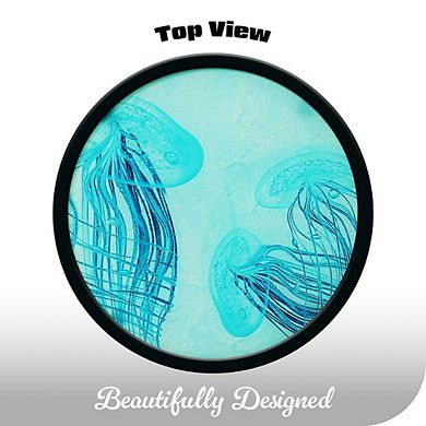 G128 14 in Round Glass Outdoor Side Table Jellyfish Ocean Pattern, Plant Stand, Small End Table