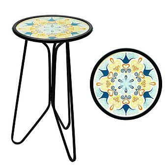G128 12 in Round Glass Outdoor Side Table Green Mandala Pattern, Plant Stand, Small End Table