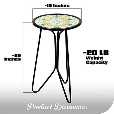 G128 12 in Round Glass Outdoor Side Table Green Mandala Pattern, Plant Stand, Small End Table