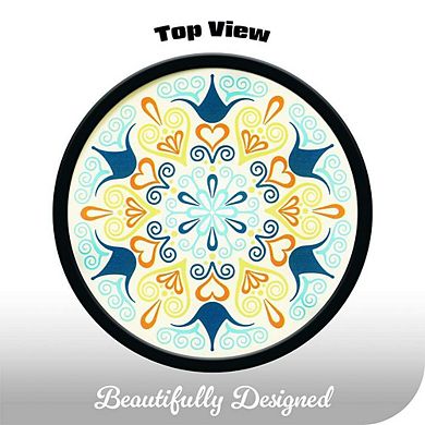 G128 12 in Round Glass Outdoor Side Table Green Mandala Pattern, Plant Stand, Small End Table