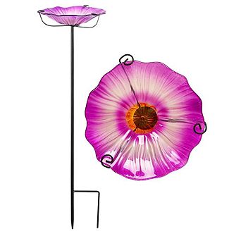 G128 29 Inch Height Glass Purple Flower Bird Baths Bird Feeder with Metal Stake