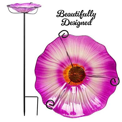 G128 29 Inch Height Glass Purple Flower Bird Baths Bird Feeder with Metal Stake