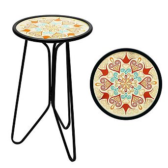 G128 12 in Round Glass Outdoor Side Table Orange Mandala Pattern, Plant Stand, Small End Table