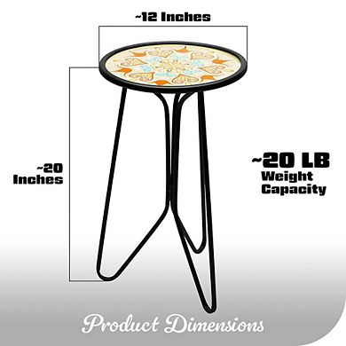 G128 12 in Round Glass Outdoor Side Table Orange Mandala Pattern, Plant Stand, Small End Table