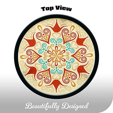 G128 12 in Round Glass Outdoor Side Table Orange Mandala Pattern, Plant Stand, Small End Table