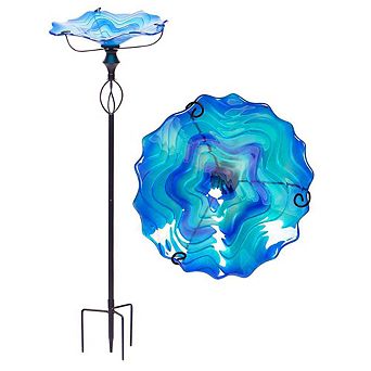 G128 32 Inch Height Glass Blue Bird Baths Bird Feeder with Metal Stake