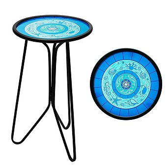 G128 12 in Round Glass Outdoor Side Table Ocean Pattern, Decorative Plant Stand, Small End Table