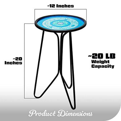 G128 12 in Round Glass Outdoor Side Table Ocean Pattern, Decorative Plant Stand, Small End Table