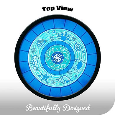 G128 12 in Round Glass Outdoor Side Table Ocean Pattern, Decorative Plant Stand, Small End Table