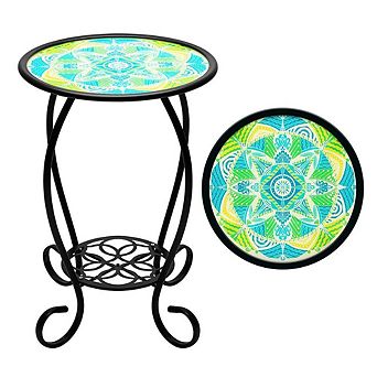 G128 14 in Round Glass Outdoor Side Table Mandrake Pattern, Decorative Plant Stand, Small End Table
