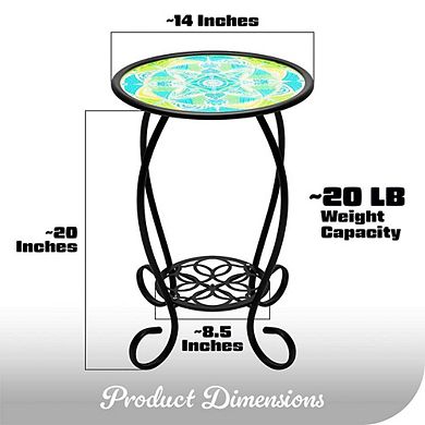 G128 14 in Round Glass Outdoor Side Table Mandrake Pattern, Decorative Plant Stand, Small End Table