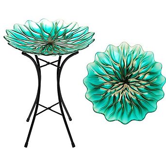 G128 19 Inch Height Glass Green Bird Baths Bird Feeder with Metal Stand