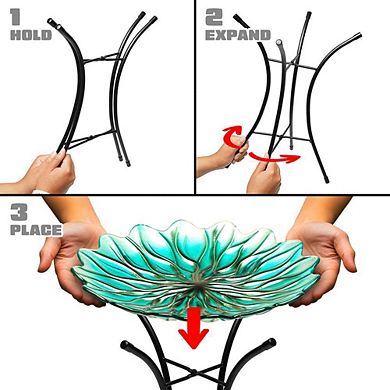G128 19 Inch Height Glass Green Bird Baths Bird Feeder with Metal Stand