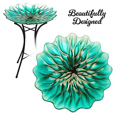 G128 19 Inch Height Glass Green Bird Baths Bird Feeder with Metal Stand