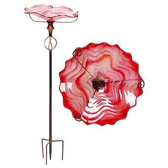G128 32 Inch Height Glass Pink Bird Baths Bird Feeder with Metal Stake