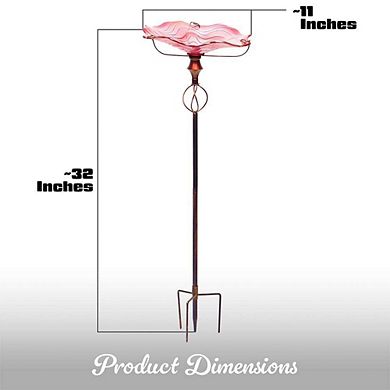G128 32 Inch Height Glass Pink Bird Baths Bird Feeder with Metal Stake