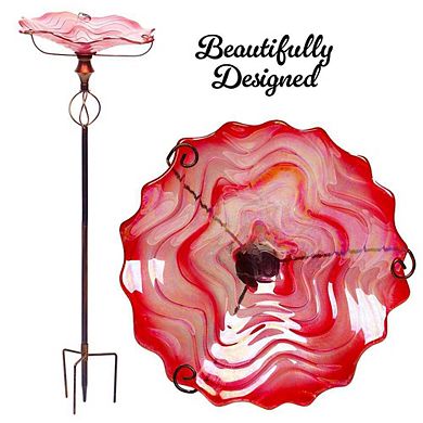 G128 32 Inch Height Glass Pink Bird Baths Bird Feeder with Metal Stake
