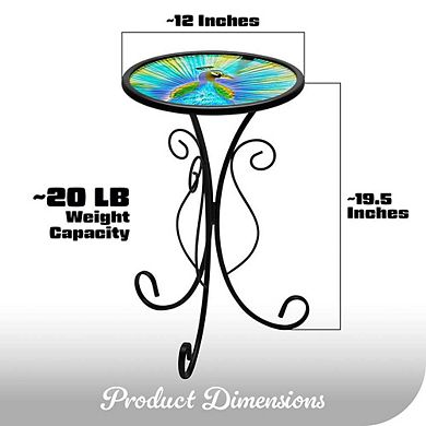 G128 12 in Round Glass Outdoor Side Table Peacock Pattern, Decorative Plant Stand, Small End Table